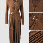 Women's Glitter Tied Detail High Waist Jumpsuit Overlap V Neck Long Sleeve Overalls