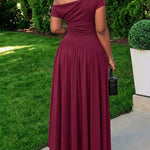 Women's Cowl Neck Lace Spliced Maxi Dress Skew Neck Ruched A Line Dress
