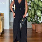 Plunge Sleeveless Button False Two Pieces Wide Leg Jumpsuit