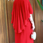 Overlap V-Neck Asymmetrical Ruffles Cape Design Cinched Waist Maxi Dress Elegant Shirred Back Evening Dress without Belt