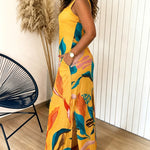 Plants Placement Print Square Neck Thick Strap Side Slit Maxi Dress Casual Vacation Dress with Pockets