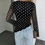 Women's Polka Dot Mesh Top Flare Long Sleeve Boat Neck Lined Asymmetric Frill Hem Blouse Vintage Party Shirt