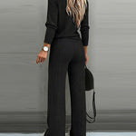 2 Pieces Outfit Button Decor V-Neck Long Sleeve Top and Elastic Waist Straight Leg Pants Set Casual Ribbed Set