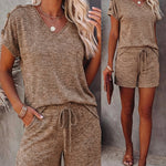 Women's V Neck Short Sleeve Top and Drawstring Shorts Set Casual Loose Fit Loungewear Two Piece Outfit with Pockets