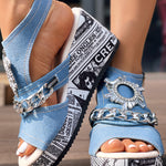 Newspaper Rhinestone Gear Pattern Slingback Platform Wedge Sandals