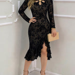 Women's Flocked Mesh Bodycon Dress Hollow-out Long Sleeve Mermaid Dress Slit Ruffle Hem Cocktail Party Dress