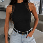 Women's Lace Trim Mock Neck Sleeveless Ribbed Knit Tank Top