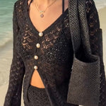 2 Pieces Outfit Deep V Neck Flare Sleeve Half Pearl Button Front Slit Top And Elastic Waist Skirt Set Casual Slim Fit Knit Set