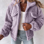 Textured Striped Turn-down Collar Button Front Elastic Cuff and Hem Teddy Fleece Jacket With Decorative Flap Pockets