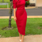 3D Flower Decor Round Neck Puff Sleeve Bodycon Dress Casual Ruched Slit Zipper Back Work Dress