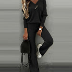 2 Pieces Outfit Button Decor V-Neck Long Sleeve Top and Elastic Waist Straight Leg Pants Set Casual Ribbed Set