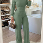 2 Pieces Outfit O-neck Long Sleeve Cinched Waist Sweatshirt and Elastic Waist Wide Leg Pants Set Casual Seam Design Sweatpants Set