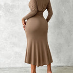 Women's Boat Neck Ruched Wrap Midi Dress Long Sleeve Slit Cocktail Dress