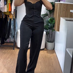 2 Pieces Outfit Thick Strap Button Front Shirred Back Slim Fit Crop Top and Casual High Waist Zipper Fly Elastic Back Waist Wide Leg Pants Set
