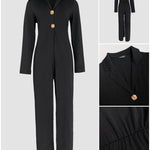 Notched Collar Long Sleeve Button Front Jumpsuit Casual Cinched Waist Wide Leg Faux Two Piece Jumpsuit