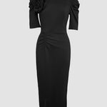 3D Flower Decor Round Neck Puff Sleeve Bodycon Dress Casual Ruched Slit Zipper Back Work Dress