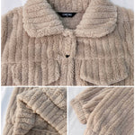 Textured Striped Turn-down Collar Button Front Elastic Cuff and Hem Teddy Fleece Jacket With Decorative Flap Pockets