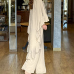 2 Pieces Outfit High Neck Hollow-out Back Ruffles High-Low Hem Cape and Casual Elastic Back Waist Wide Leg Pants Set