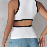 Women's Ribbed Contrast Trim Tank Top Sleeveless Crew Neck Cutout Slim Fit Stretch Casual Top