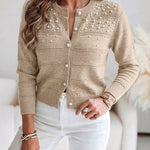 Women's Pearl Beaded Knit Cardigan Elegant Hollow Out Crop Sweater Casual Button Down Coat