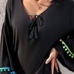 Colorblock V-Neck Bell Sleeve A Line Tassel Mini Dress Vacation Dress