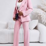 2 Pieces Outfit Notched Collar Double-Breasted Flap Detail Coat and Zipper Fly Elastic Back Waist Slim Fit Flared Pants Set Casual Blazer Set