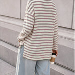 Women's Striped Textured Knit Long Sleeve T-Shirt Casual Side Slit Loose Fit Top