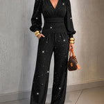Women's 2 Piece Glitter Set Deep V Neck Lantern Sleeve Ruched Top and Wide Leg Pants with Pockets