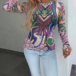 Women's Vintage Abstract Print Sheer Mesh Top Long Sleeve Slim Fit Tee with Thumb Holes