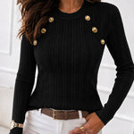 Women's Gold Button Crew Neck Textured Knit Long Sleeve Top