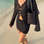 2 Pieces Outfit Deep V Neck Flare Sleeve Half Pearl Button Front Slit Top And Elastic Waist Skirt Set Casual Slim Fit Knit Set