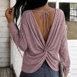 Women's Backless Twist Tie Back Drop Shoulder Top Casual Long Sleeve Loose Fit Tee