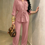 2 Pieces Outfit Vintage Turn-down Collar Roll Up Sleeve Button Front Flap Pocket Design Waist Drawstring Top and Elastic Waist Wide Leg Pants Set Casual Textured Commuting Set