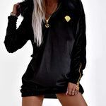 Velvet Fuzzy Trim Hooded Mini Dress Long Sleeve Zipper Design Sweatshirt Pullover Casual Dress