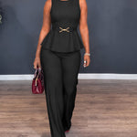 Women's 2 Piece Outfits Sleeveless Peplum Top and Wide Leg Pants Set Elegant Gold Belt Business Work Suits