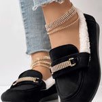 Rhinestone Chain Decor Thermal Lined Faux Shearling Trim Casual Flat Slip-On Loafers without Anklet Bracelet
