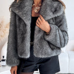 Turn-down Collar Long Sleeve Faux Fur Coat Jacket Casual Warm Fluffy Cropped Coat