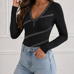 Women's Deep V Neck Rhinestone Top Slim Fit Long Sleeve Ribbed Knit Tee Sparkly Blouse