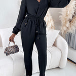 Turn-down Collar Overlap V-Neck Drawstring Stretchy Waist Jumpsuit Casual Flap Pockets Design Jumpsuit