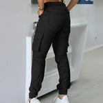 Zipper Fly Drawstring Elastic Back Waist Cuffed Trousers Casual Multiple Flap Pockets Design Cargo Pants