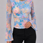 Women's Floral Watercolor Print Boat Neck Ruched Sheer Mesh Flare Sleeve Top