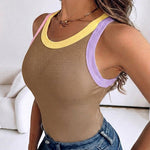 Women's Contrast Trim Ribbed Tank Top Slim Fit Sleeveless Round Neck Basic Camisole for Streetwear & Layering