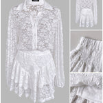 2 Pieces Outfit Turn-down Collar Lantern Sleeve Button Front Sheer Top and Elastic Waist Double Layer Ruffle Hem Skirt Set Casual Jacquard Floral Lace Skort Set
