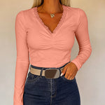 Women's Lace V Neck Ruched T Shirt Slim Fit Long Sleeve Tee Casual Elegant Top