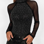 Women's Rhinestone Mesh Long Sleeve Top Mock Neck Sparkle Slim Fit Tee