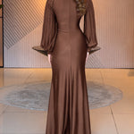 Women's Deep V Neck Twist Front Maxi Evening Gown Elegant Long Sleeve Slit Mermaid Hem Dress