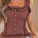 Contrast Lace Sleeveless Square Neck Crop Tank Casual Frill Hem Metal Button Decor Ribbed Knit Top