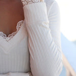 Women's Ribbed Knit Top French V Neck Lace Trim Long Sleeve Shirt Slim Fit Elastic Blouse