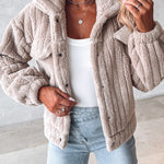 Textured Striped Turn-down Collar Button Front Elastic Cuff and Hem Teddy Fleece Jacket With Decorative Flap Pockets