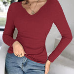 Chicme Built In Bra Notch Neck Long Sleeve Shirts Rib Knit Ruched Waist Top